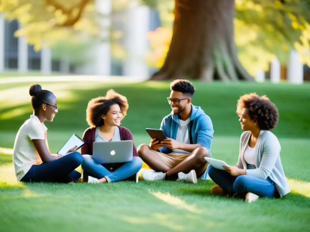 Estudiantes diversificados en círculo en la hierba usan dispositivos para colaborar y aprender juntos en un entorno natural