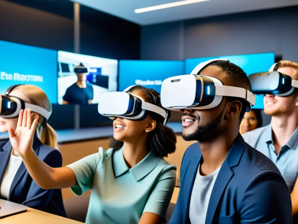 Estudiantes diversos inmersos en experiencia educativa de realidad virtual, rodeados de tecnología innovadora