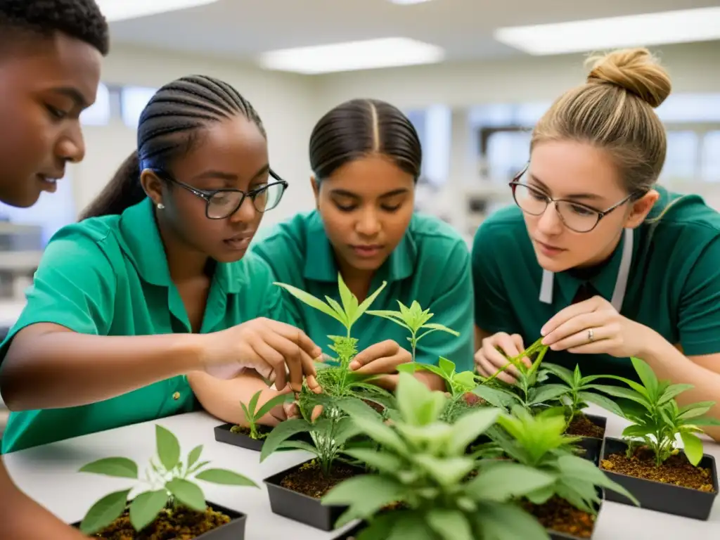 Estudiantes en laboratorio de ciencias ambientales con programas innovadores para educación ambiental, examinando plantas con detalle y entusiasmo