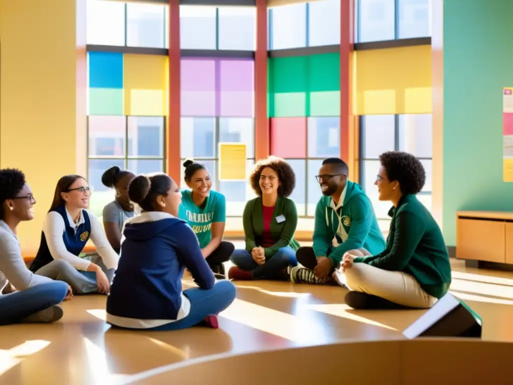 Discusión animada en aula soleada: colaboración educativa Estudiantes y maestros participan en una animada discusión en un aula soleada, fomentando alianzas en el sector educativo ONGs