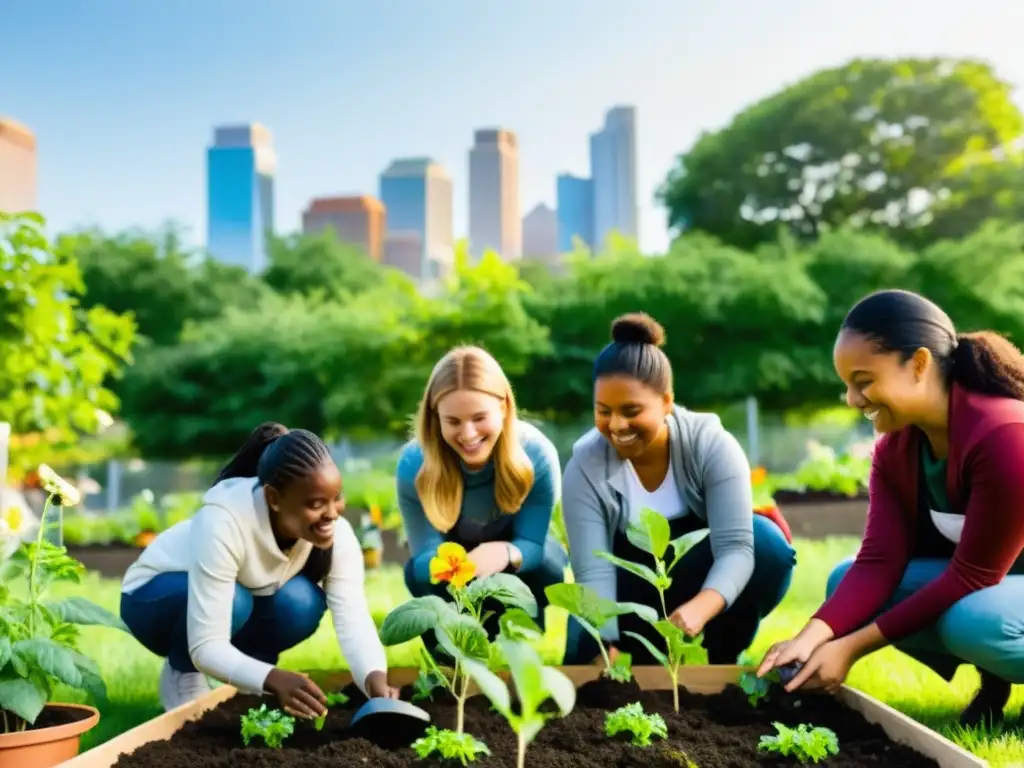 Estudiantes y maestros colaboran en un jardín comunitario, plantando árboles y flores mientras discuten prácticas sostenibles