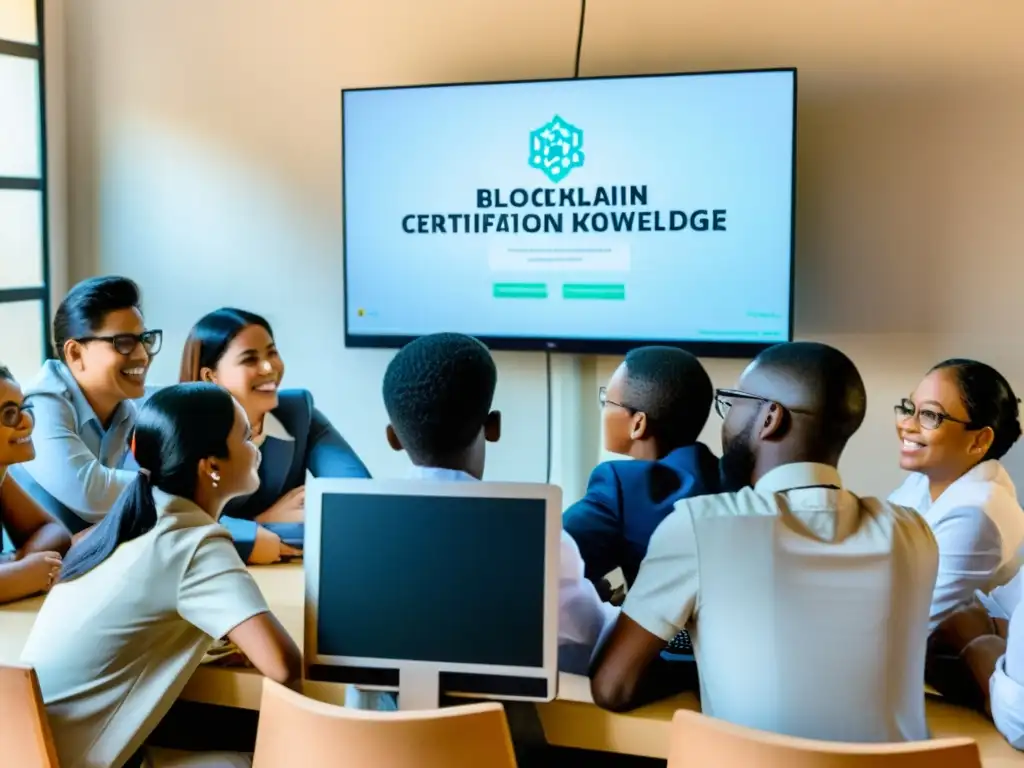 Estudiantes y maestros emocionados observan plataforma de blockchain en educación para ONGs en clase