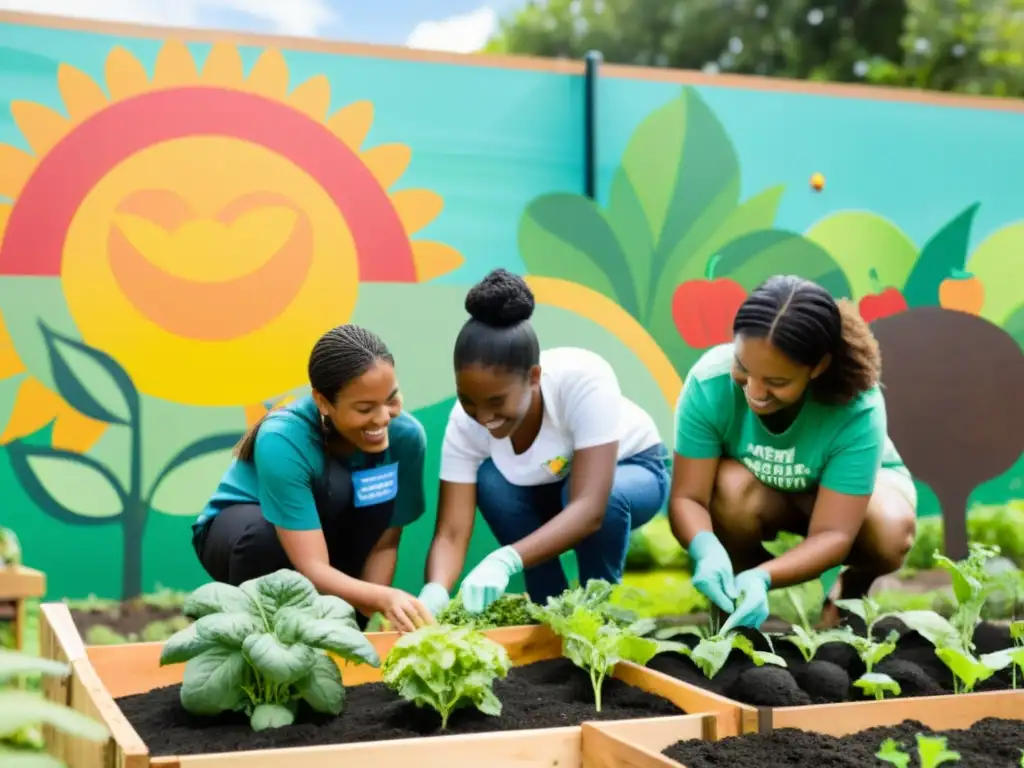 Estudiantes y maestros cultivan juntos en un huerto comunitario, promoviendo la educación en sostenibilidad y ONGs