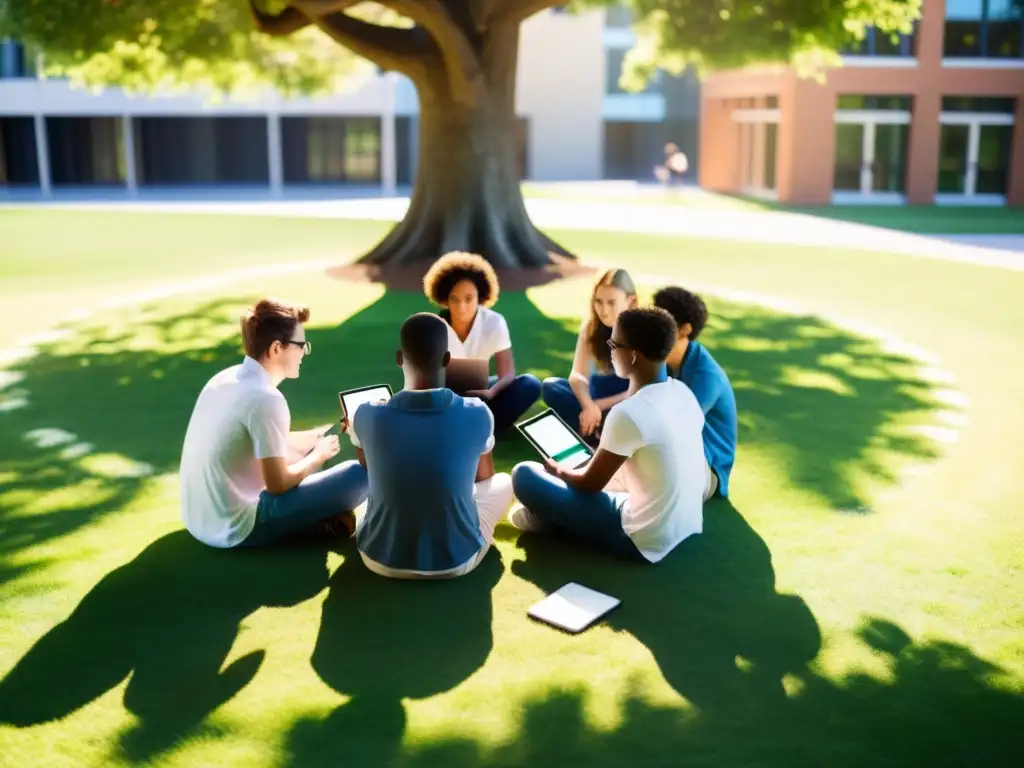 Estudiantes diversos colaboran en la naturaleza usando almacenamiento en la nube para educación, rodeados de dispositivos electrónicos