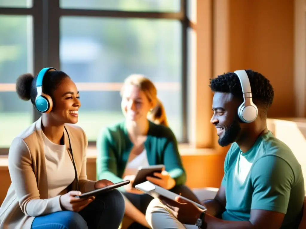 Estudiantes disfrutando de un podcast educativo mientras un educador apasionado lidera la discusión