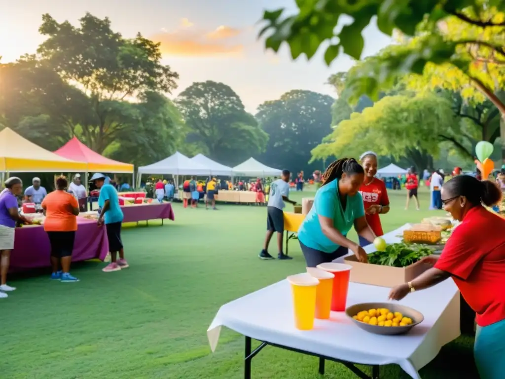 Evento comunitario para captar fondos: Diversidad, solidaridad y alegría en un parque al atardecer