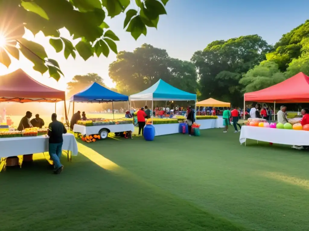 Un evento comunitario para captar fondos cobra vida en un parque local al atardecer, con voluntarios y niños disfrutando juntos