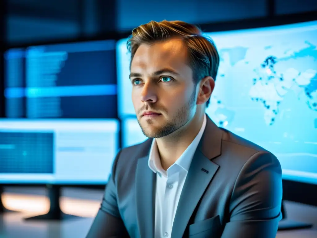 Un experto en ciberseguridad analiza datos en una oficina futurista