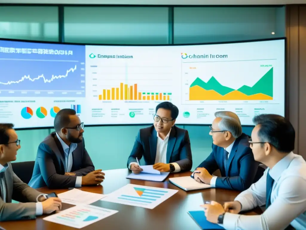 Expertos financieros y ONGs analizan gráficos financieros con impacto Expertos financieros y miembros de ONG analizan indicadores financieros para ONGs en una reunión llena de luz natural y profesionalismo