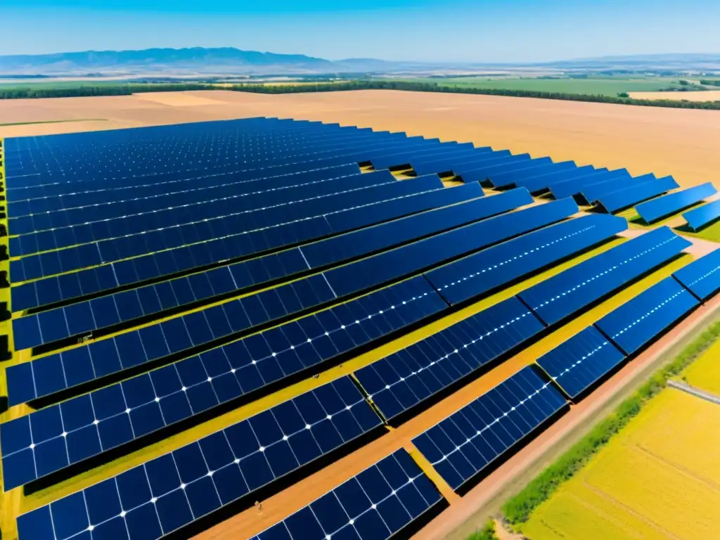 Un extenso campo de paneles solares brilla bajo el cielo azul, mientras técnicos inspeccionan y mantienen los paneles