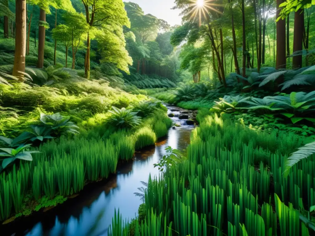 Un exuberante bosque con luz solar filtrándose a través del dosel, creando sombras moteadas en el suelo del bosque