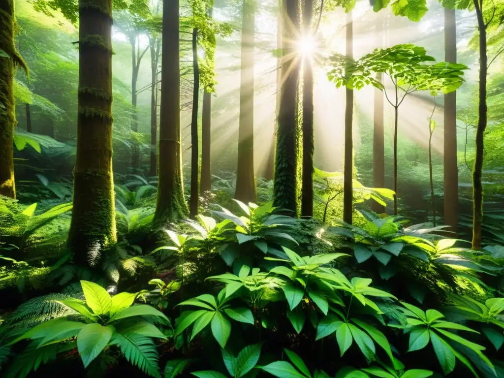 Exuberante bosque con luz solar filtrándose entre el dosel, mostrando biodiversidad y armonía