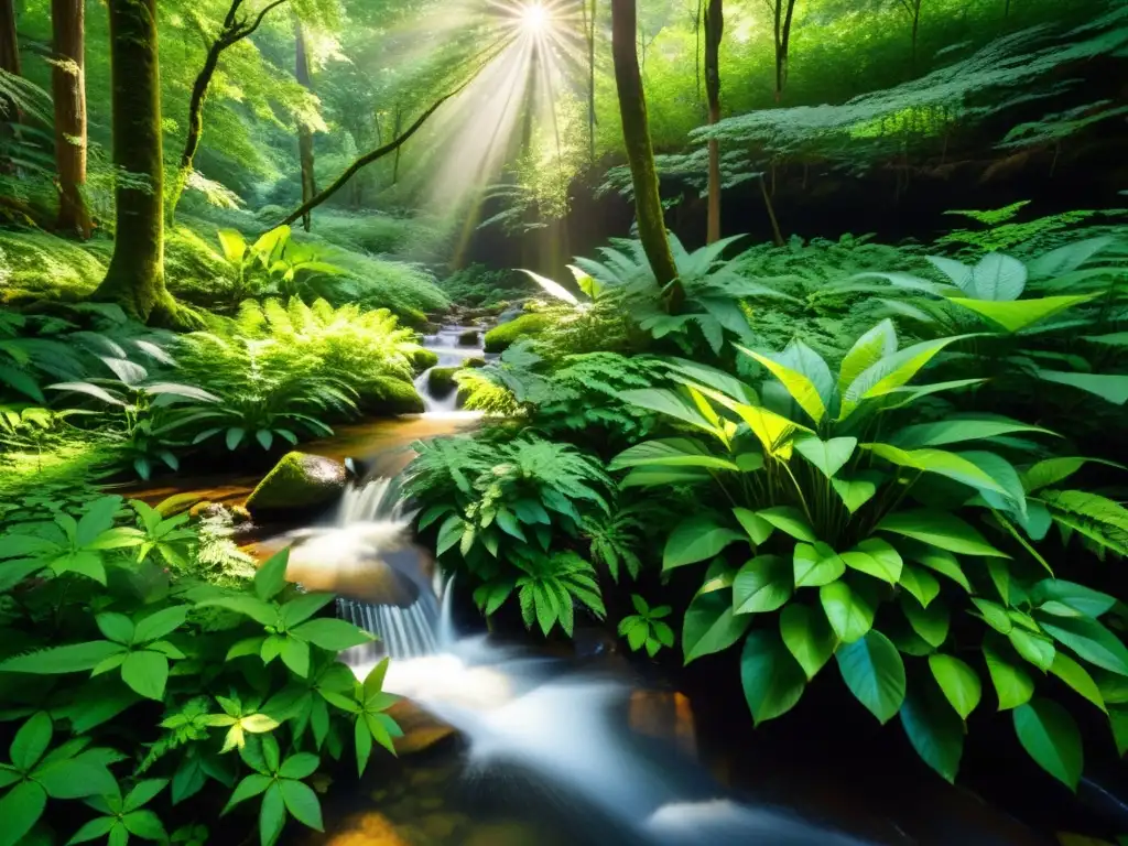 Una exuberante y diversa selva, con luz filtrada y un arroyo tranquilo