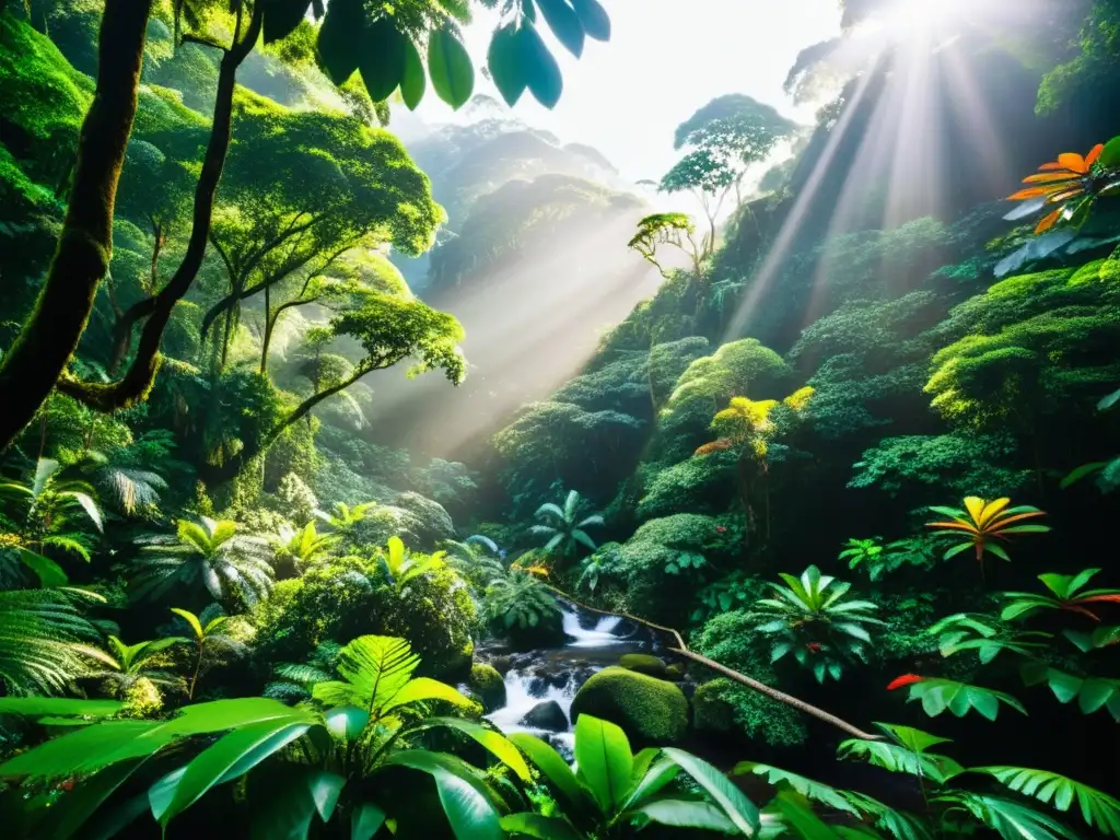 Un exuberante y vibrante bosque lluvioso con diversa flora y fauna, resaltando la belleza de la naturaleza