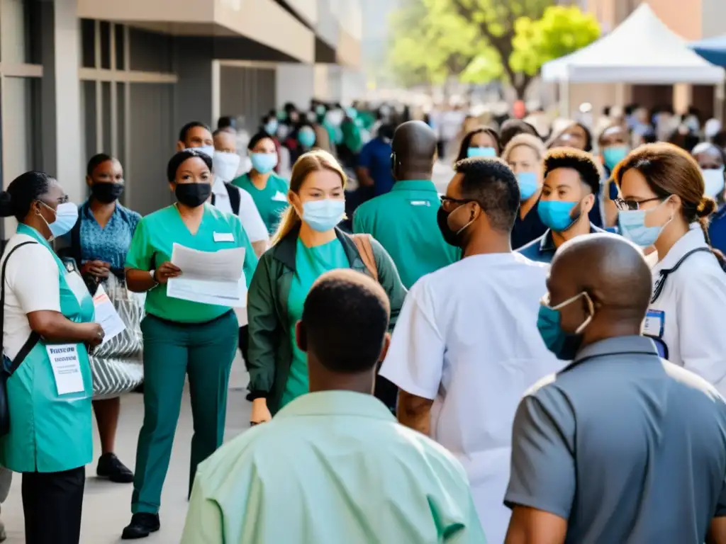 Una foto en blanco y negro de una calle urbana concurrida, donde la gente usa mascarillas y espera afuera de una clínica de salud pública