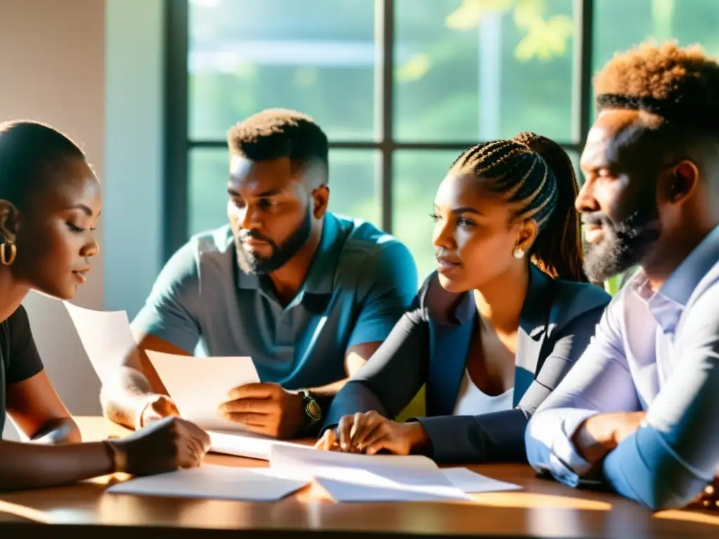 Fundadores de una ONG colaboran con determinación en la creación, reflejando responsabilidades y trabajo en equipo