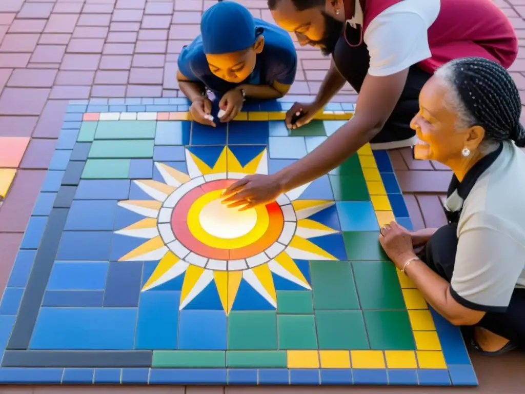 Unión generacional preservando identidad cultural en ONGs mediante arte comunitario al atardecer