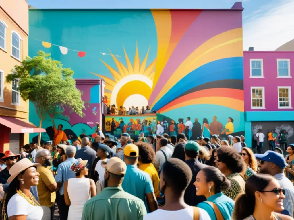 Gente disfruta murales en calle colorida, reflejando gestión proyectos arte cultura cambio social