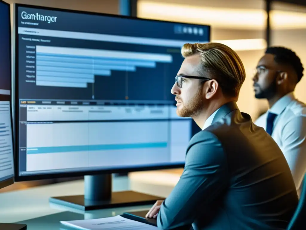 Un gerente de proyecto analiza un detallado Gantt en un monitor, rodeado de un equipo diverso en intensa discusión