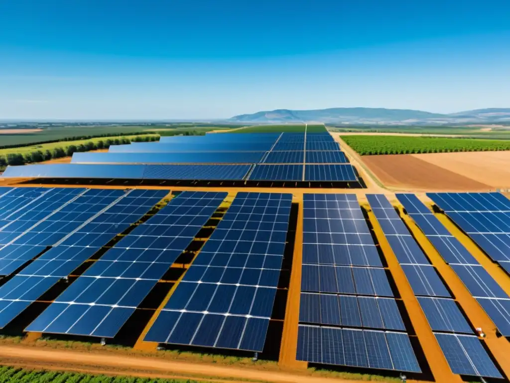 Una granja solar extensa bajo el cielo azul, con paneles que se extienden y trabajadores inspeccionando la infraestructura sostenible