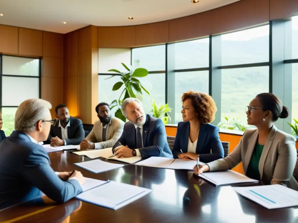 Abogados y activistas ambientales luchando por el cambio Grupo de abogados y activistas revisan documentos y gráficos sobre aspectos legales creación ONG medioambiental, mostrando compromiso y determinación
