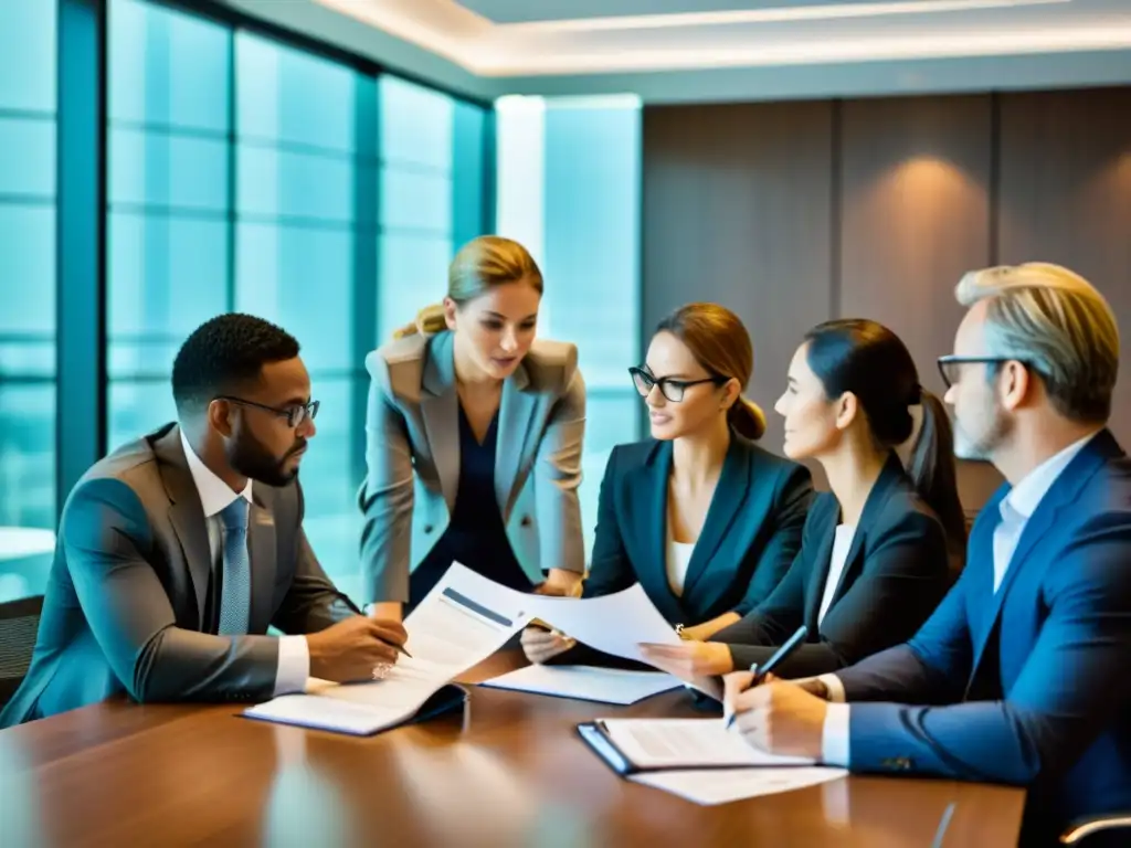 Un grupo de abogados y expertos legales revisan contratos financieros en una moderna sala de conferencias