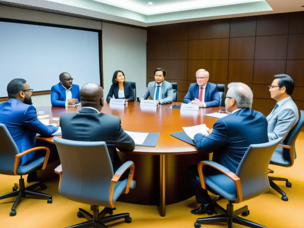 Grupo de abogados internacionales y representantes de ONGs discuten apasionadamente en una sala de conferencias, rodeados de documentos legales