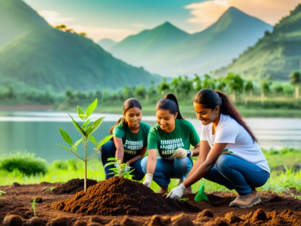 Un grupo de activistas ambientales apasionados plantando árboles en una zona deforestada, con el sol iluminando la escena