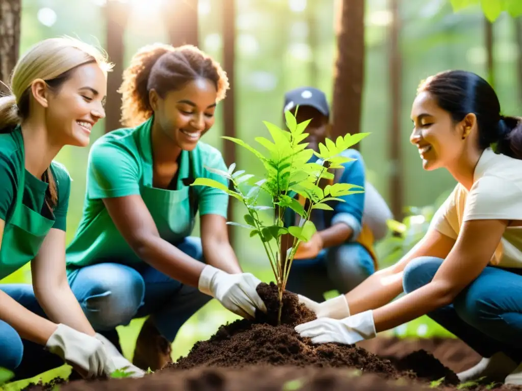 Plantación de árboles: Activistas eco en acción Un grupo de activistas ambientales apasionados plantando árboles en un exuberante bosque, con luz cálida filtrándose a través de las hojas