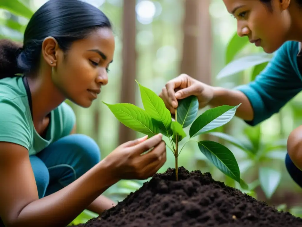 Grupo de activistas ambientales apasionados plantando árboles en un bosque exuberante