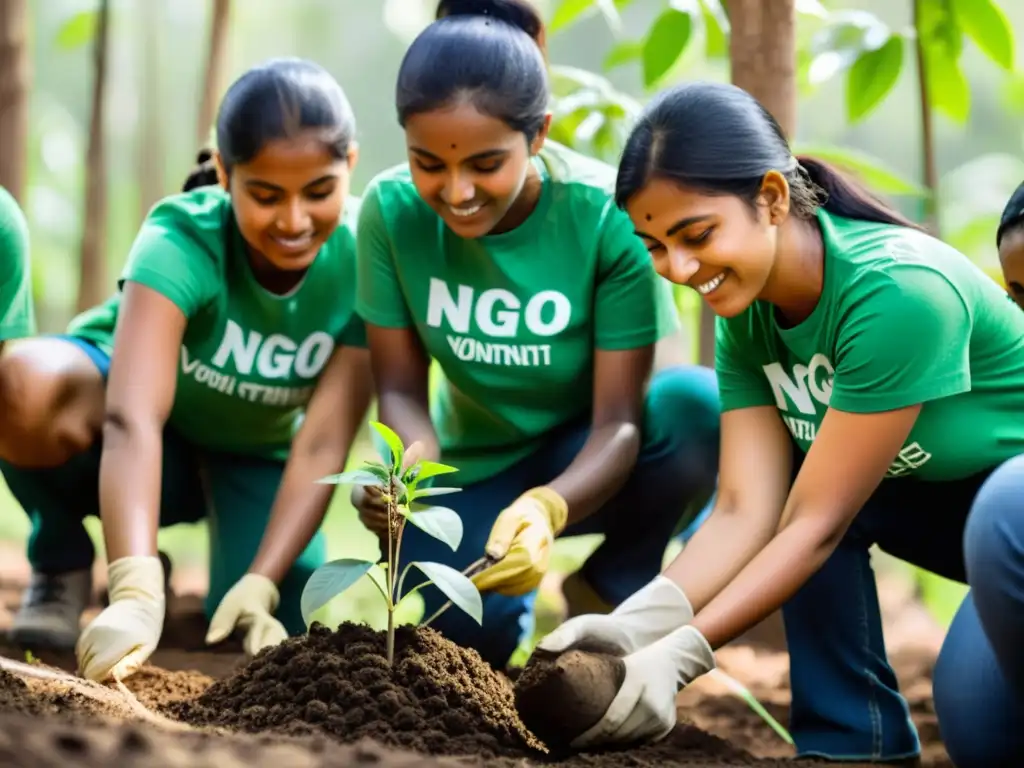 Grupo de activistas ambientales plantando árboles en un bosque exuberante