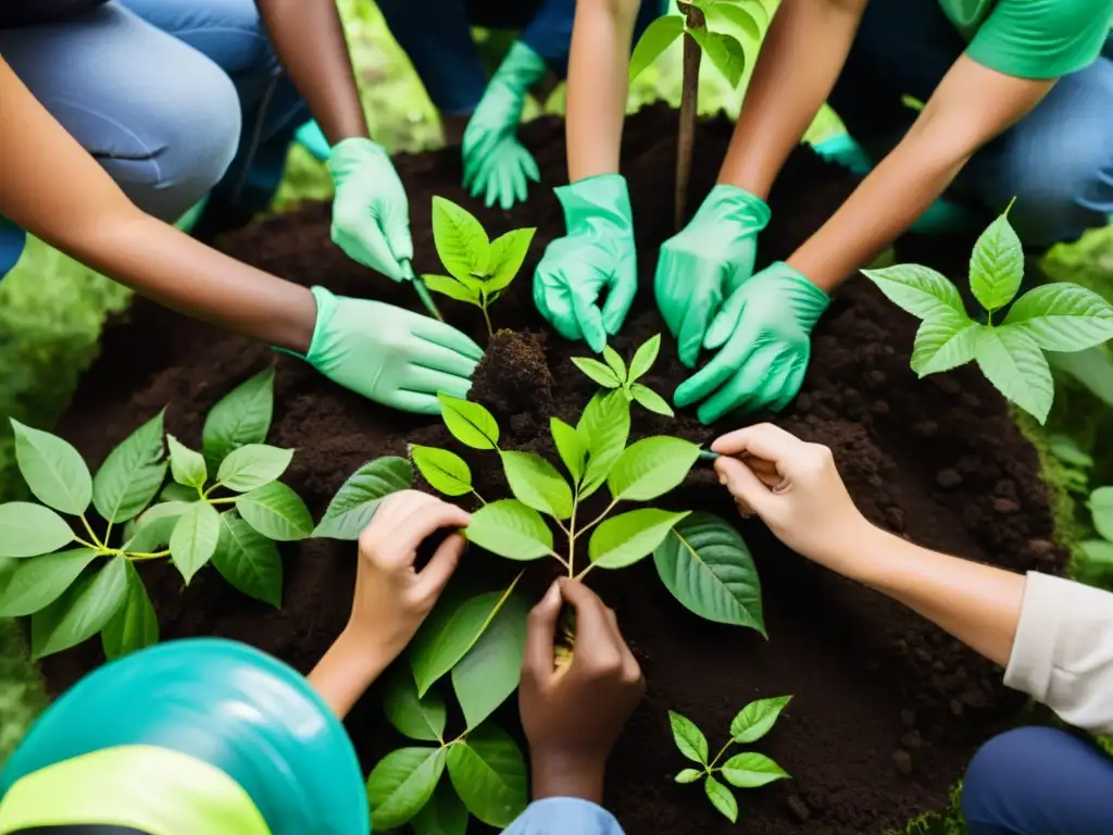 Un grupo de activistas ambientales plantan árboles en un exuberante bosque, reflejando la incidencia de ONGs ambientales en políticas sostenibles