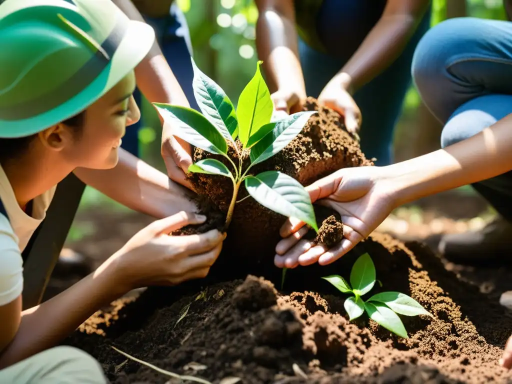 Grupo de activistas ambientales plantando árboles nativos en un bosque biodiverso, demostrando inversión social en sostenibilidad para ONG