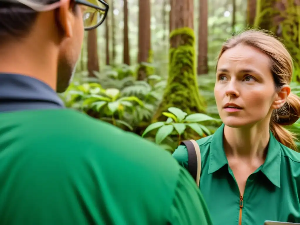 Un grupo de activistas ambientales realiza una auditoría ambiental en un exuberante bosque biodiverso, mostrando su compromiso con la sostenibilidad