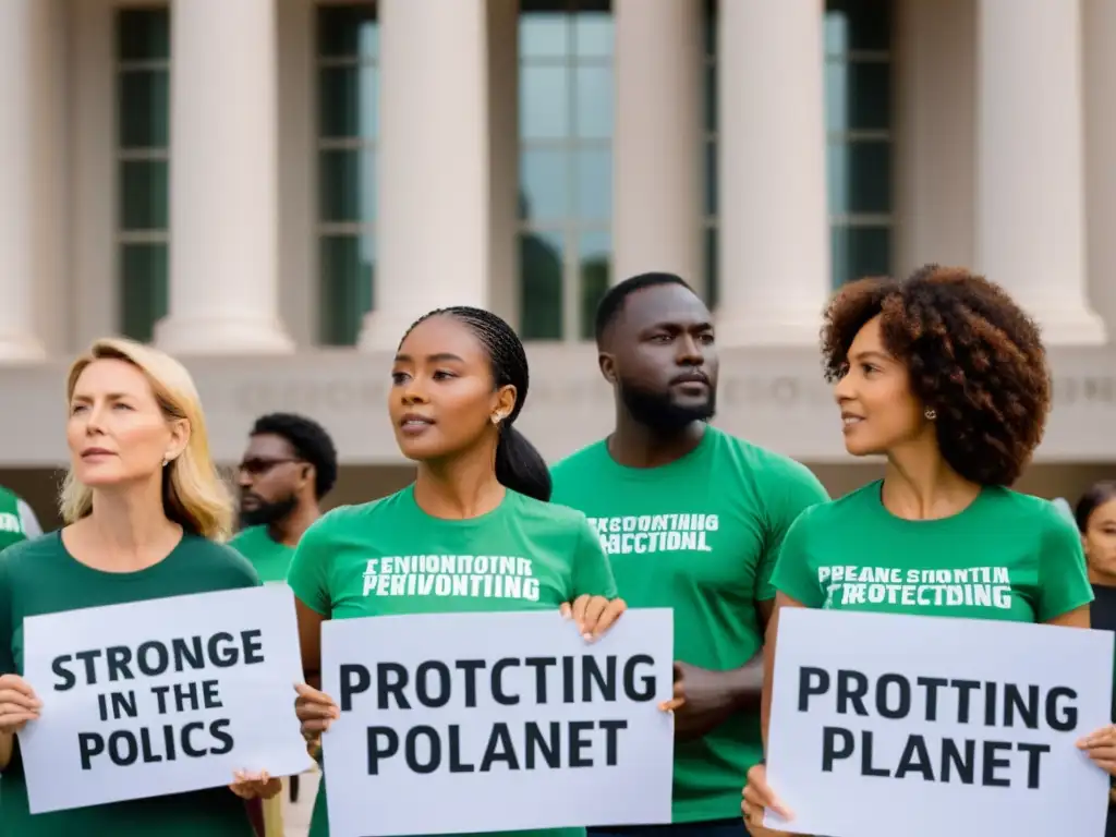 Un grupo de activistas ambientales en camisetas verdes sostienen pancartas con mensajes sobre proteger el planeta frente a un edificio gubernamental