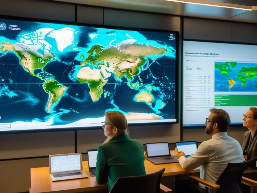 Un grupo de activistas ambientales y investigadores colaboran en un monitor con visualización de datos, estrategizando iniciativas ambientales