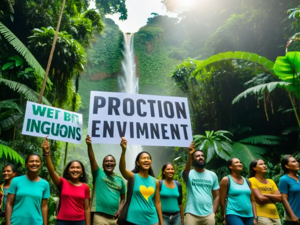 Un grupo de activistas ambientales de varias ONGs defienden la protección del ambiente en un exuberante bosque tropical