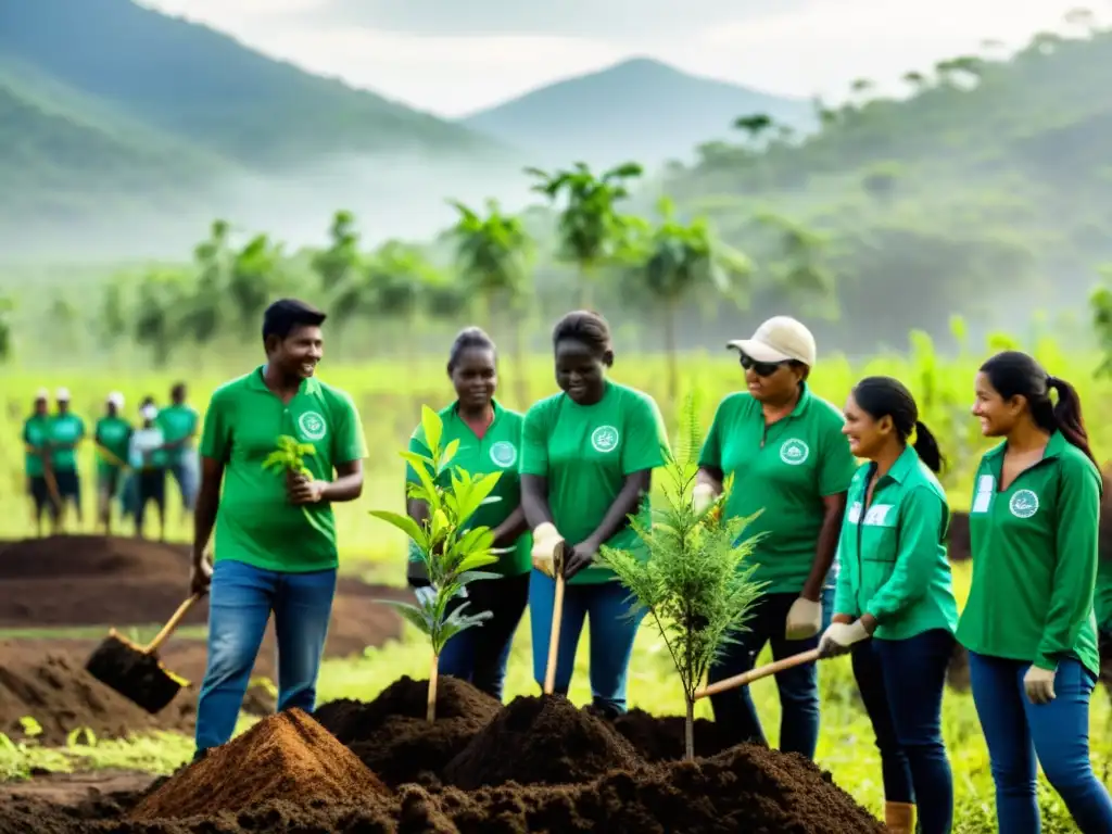 Un grupo de activistas ambientales de diversas ONGs plantan árboles en una zona deforestada, simbolizando esperanza y renovación en la diplomacia ambiental