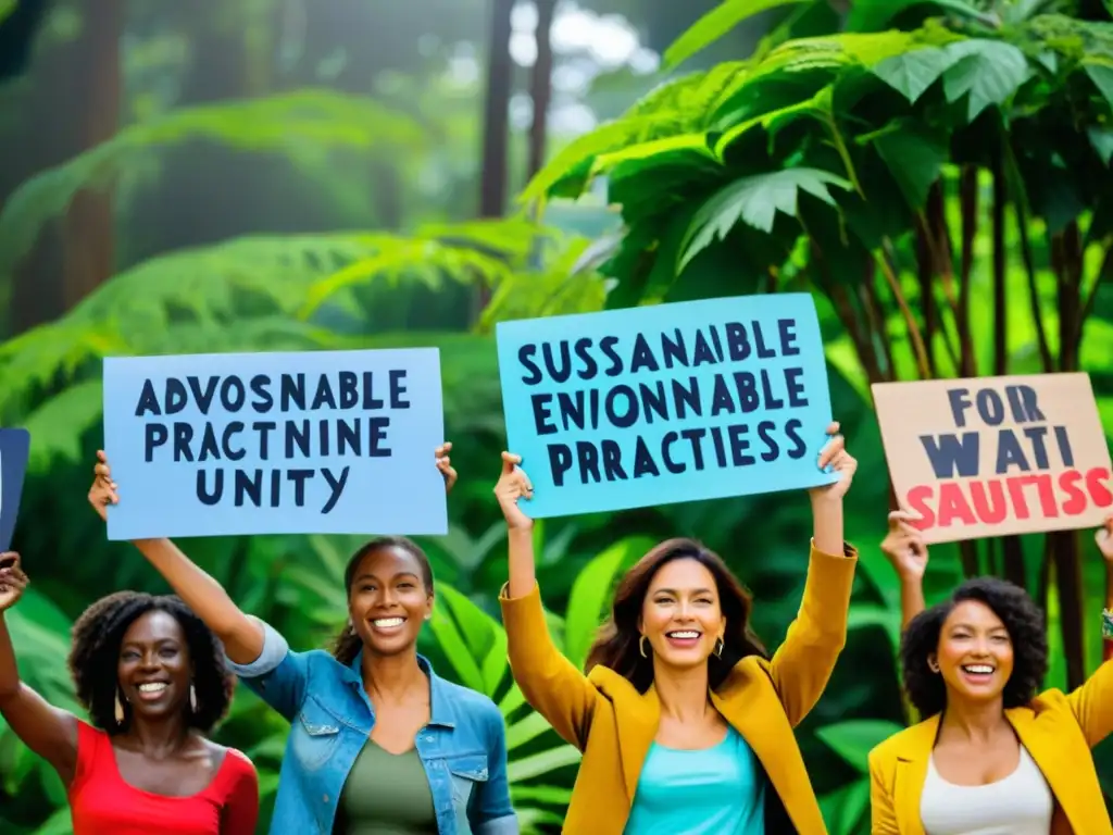 Un grupo de activistas ambientales sostiene pancartas pintadas a mano con mensajes poderosos, destacando la unión y determinación en la conservación ambiental