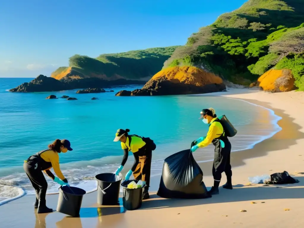 Grupo de activistas ambientales en una playa remota al amanecer, recogiendo basura