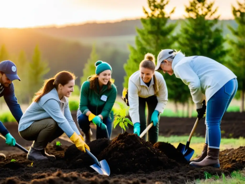 Grupo de activistas ambientales y voluntarios plantando árboles al atardecer, con una cálida luz dorada