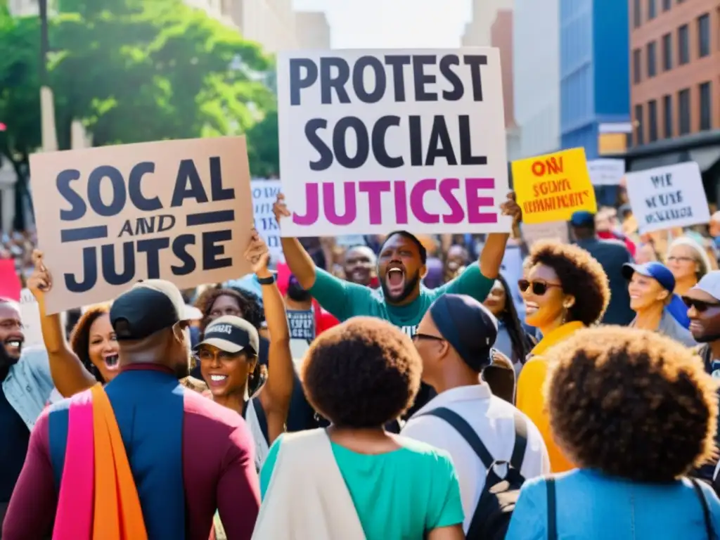 Un grupo de activistas apasionados marcha por una concurrida calle de la ciudad sosteniendo pancartas coloridas con mensajes de justicia social