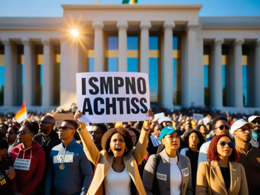 Grupo de activistas apasionados frente a un edificio gubernamental, expresiones determinadas y estrategias incidencia efectivas ONGs