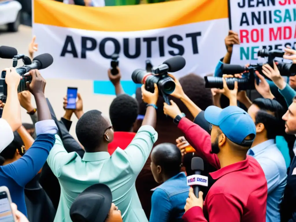 Un grupo de activistas apasionados de una ONG interactuando con representantes de medios durante una conferencia de prensa