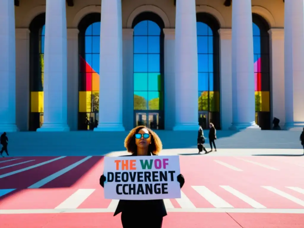 Grupo de activistas apasionados sostienen pancartas coloridas con mensajes poderosos frente a un edificio gubernamental