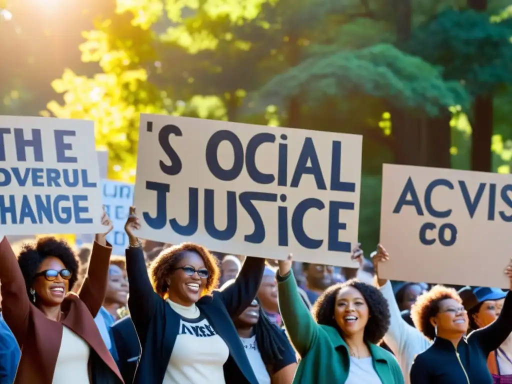 Un grupo de activistas diversos levantan carteles con mensajes poderosos en un rally por la justicia social