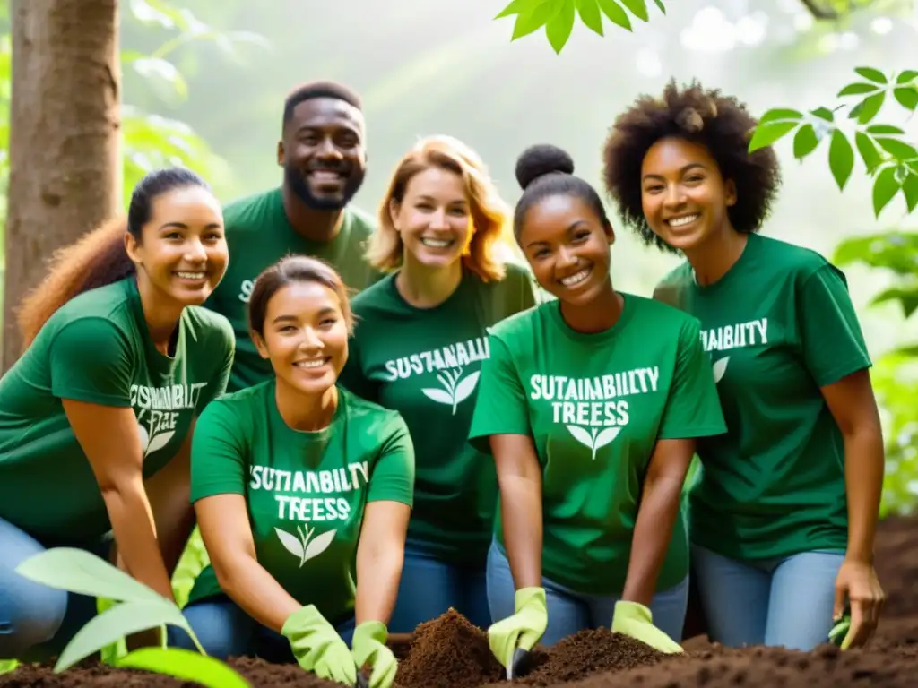 Activistas ambientales plantando árboles: unidos por la sostenibilidad Un grupo de activistas ecológicos plantando árboles en un bosque frondoso, irradiando un sentido de propósito y camaradería