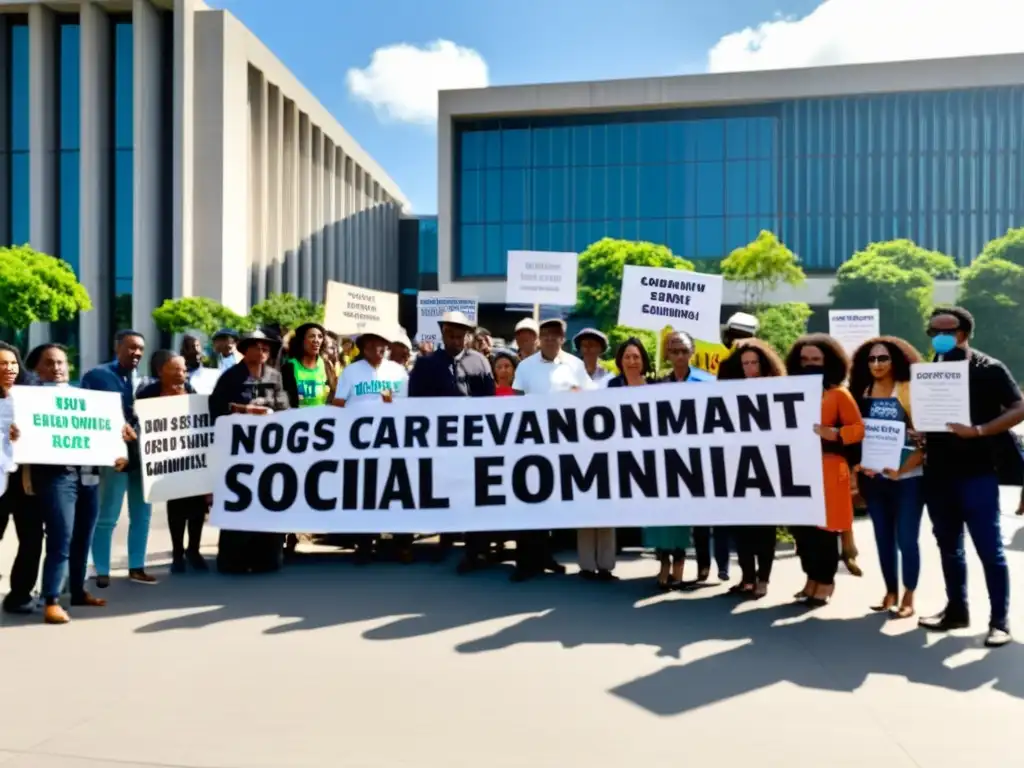 Un grupo de activistas y líderes comunitarios se reúnen frente a un edificio gubernamental, abogando por diversas causas sociales y ambientales