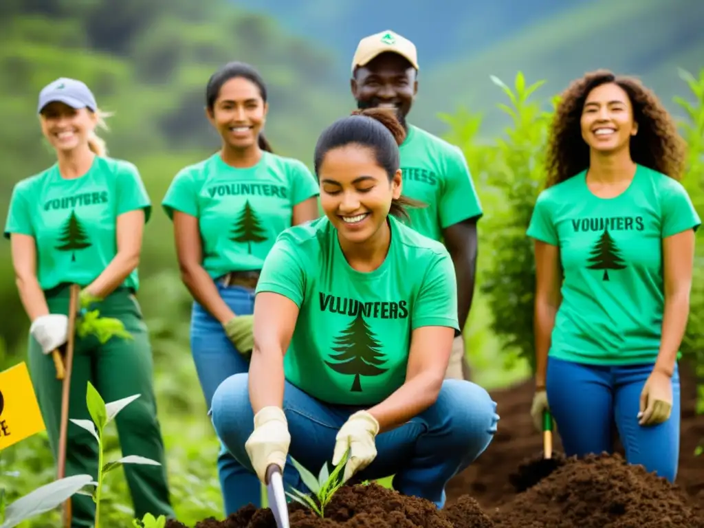 Grupo de activistas medioambientales apasionados plantando árboles en zona deforestada, rodeados de exuberante vegetación y flores silvestres