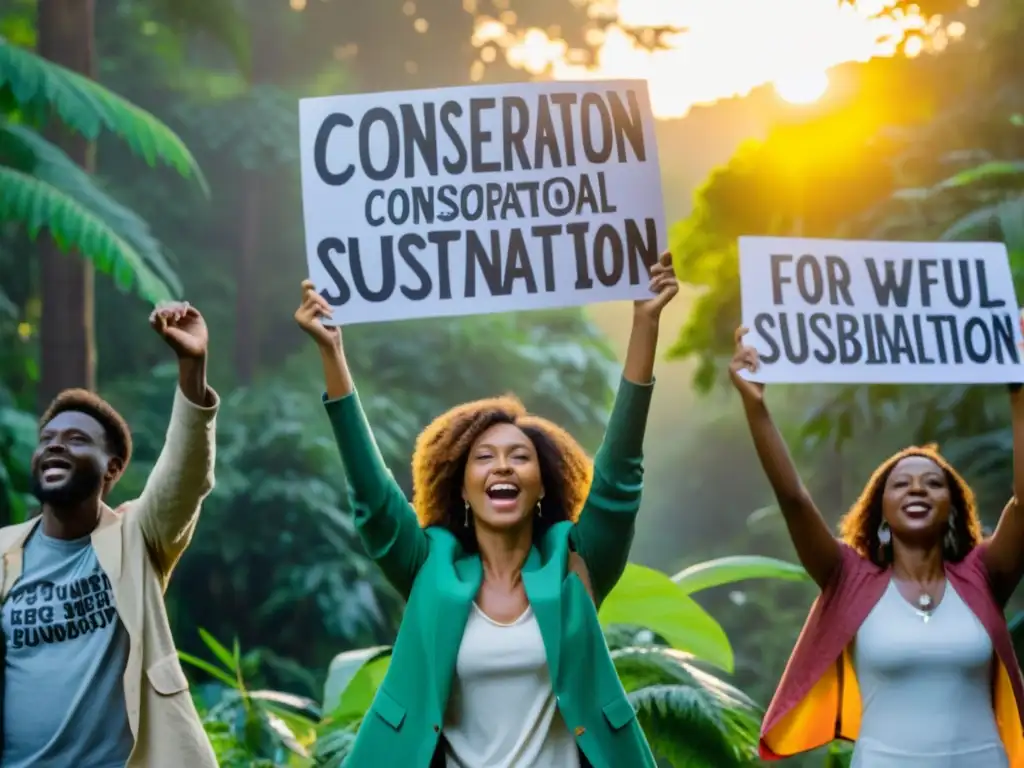 Activistas por la conservación: unidos por un futuro sostenible Un grupo de activistas medioambientales con pancartas en un bosque, transmitiendo esperanza y determinación por la conservación